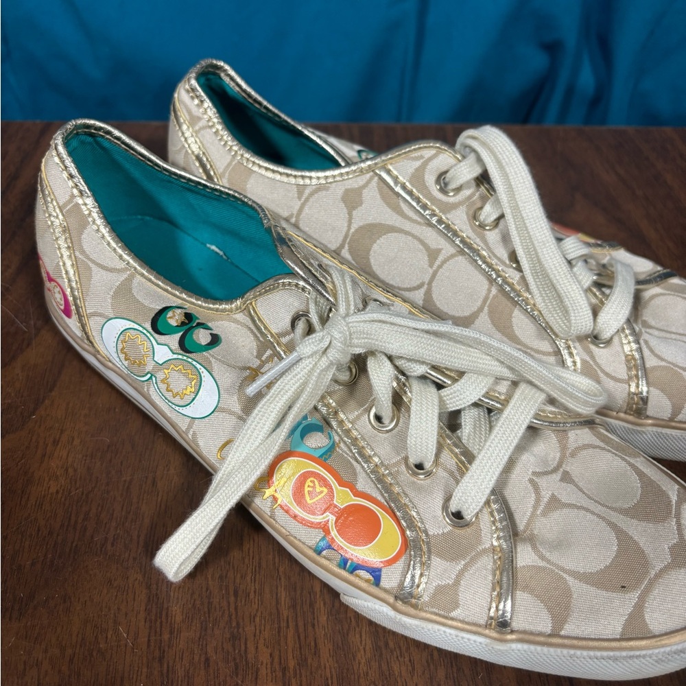 Tan Coach Tennis Shoes with Colorful Accents
